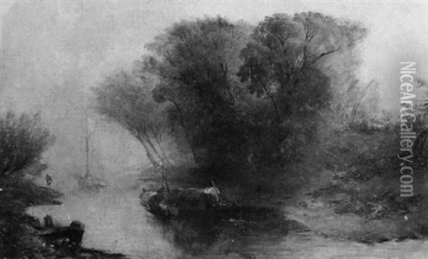 Wooded River Landscape With A Figure Towing A Boat Oil Painting - James Baker Pyne