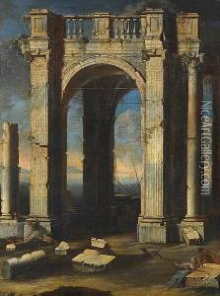 A Capriccio View With Ruins, Figures In The Foreground And The Sea Beyond Oil Painting - Leonardo Coccorant