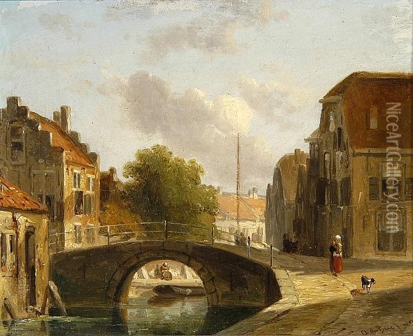A Woman And Her Dog On A Riverside Street Oil Painting - A. De Beer