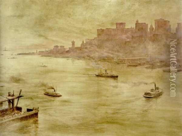 South Street Seaport From Brooklyn Oil Painting - Theobald Chartran