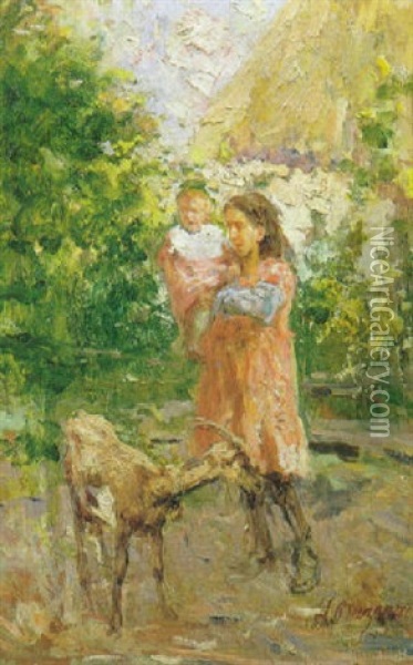 Pastorella Con Bambina Oil Painting - Leonardo Bazzaro