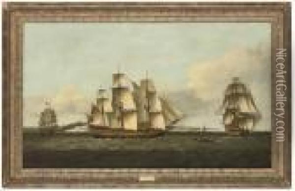 The British Merchantman 
Tyson 
 In Three Positions Off Dover Oil Painting - Thomas Luny