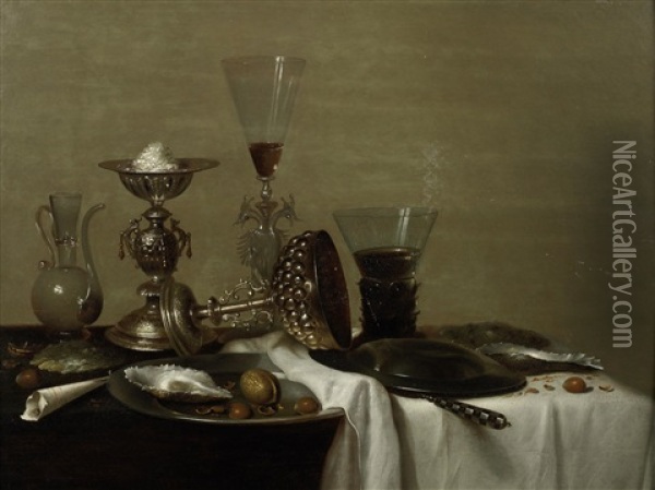 A Silver Cup With A Roemer Of White Wine And A Glass Jug On A Draped Table With A Pewter Dish Of Oysters And Nuts Oil Painting - Willem Claesz Heda