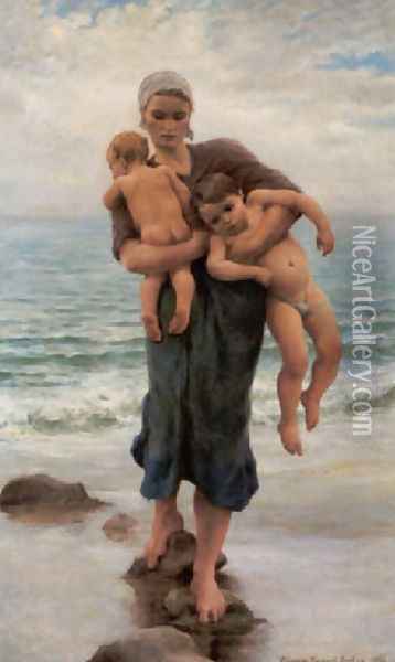 Femme de pecheur venant de baigner ses enfants Oil Painting - Virginie Demont-Breton