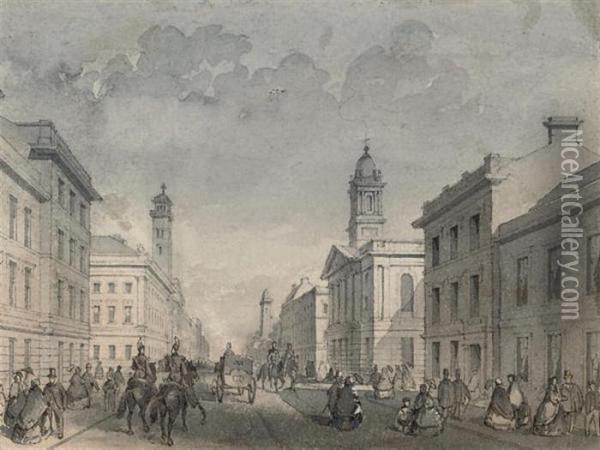 Mounted Guardsman, Elegant 
Figures And A Carriage On A Crowdedstreet, Thought To Be Dublin Oil Painting - George Pyne