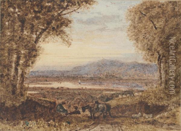 Travellers With Their Horses In An Extensive Landscape Oil Painting - George Jnr Barrett