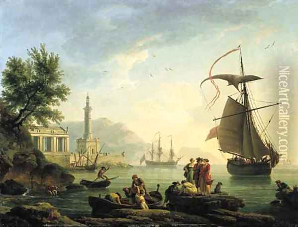 A Mediterranean harbour at sunset with fisherfolk on a quay Oil Painting - Claude-joseph Vernet
