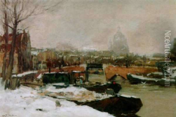 A View Of An Amsterdam Canal In Winter, The Nicolaas Church In The Background Oil Painting - Willem George Frederik Jansen