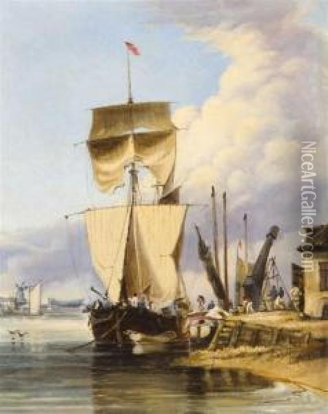 Vessel Alongside A Quay Oil Painting - Alfred Stannard