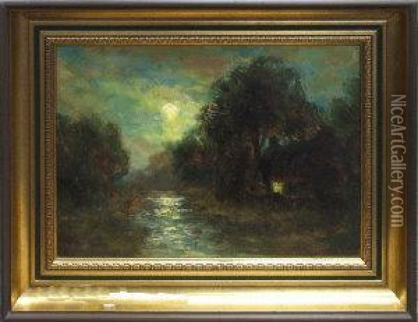 A Cottage By A River At Moonrise Oil Painting - John Falconar Slater