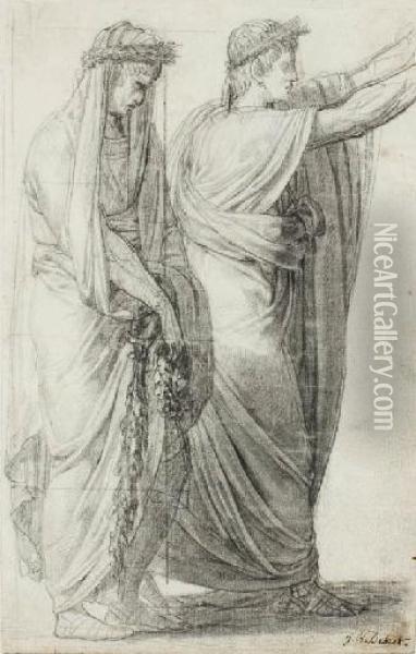 Deux Figures Romaines En Toge Et Couronnees De Feuilles De Lauriers Oil Painting - Jean-Baptiste Debret