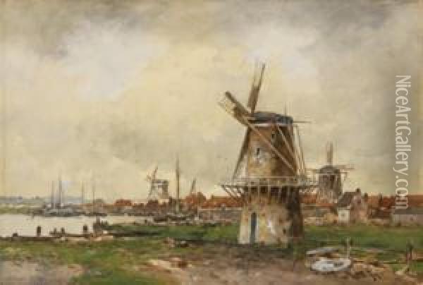Windmills Near The Water's Edge Oil Painting - Willem Cornelis Rip