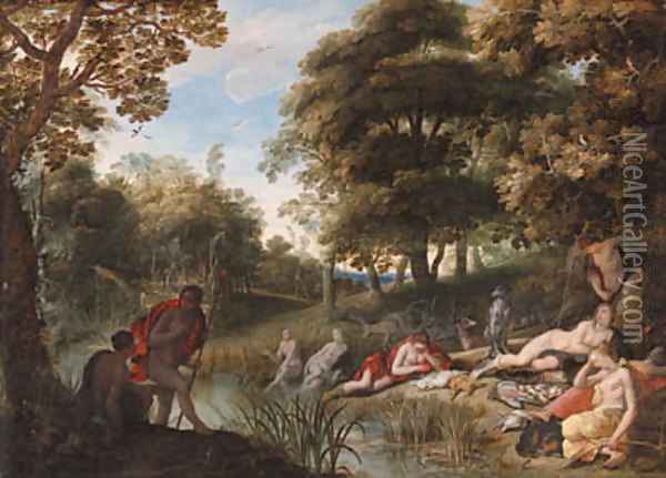 A wooded landscape with Diana and her nymphs resting after the chase Oil Painting - Adriaan van Stalbemt
