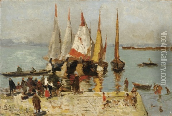 Bateaux Sur La Lagune, Venise Oil Painting - Mose di Giosue Bianchi