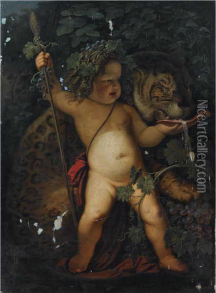 The Infant Bacchus Offering A Leopard To Drink Oil Painting - Hermann Anschuetz