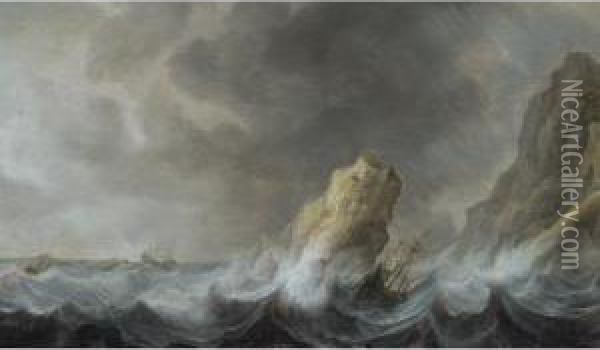 A Coastal Scene With A Ship Caught In Stormy Seas Oil Painting - Jan Porcellis