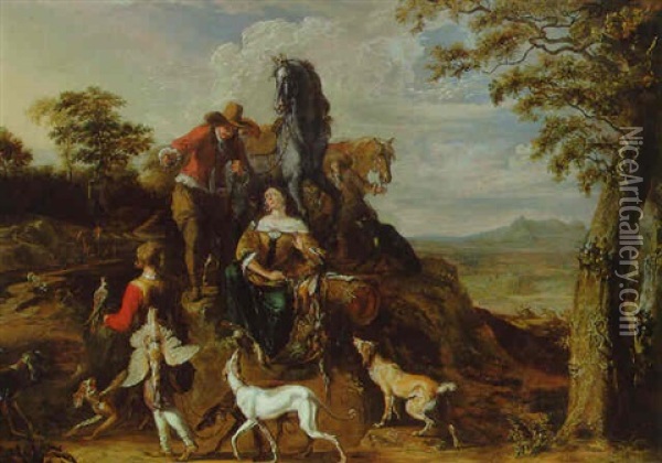 An Elegant Hunting Party In A Landscape Oil Painting - Abraham Danielsz Hondius