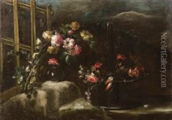 Fiori In Bacile E Vaso Di Vetro Su Basamento Roccioso E Graticcio Con Vite Oil Painting - Margherita Caffi