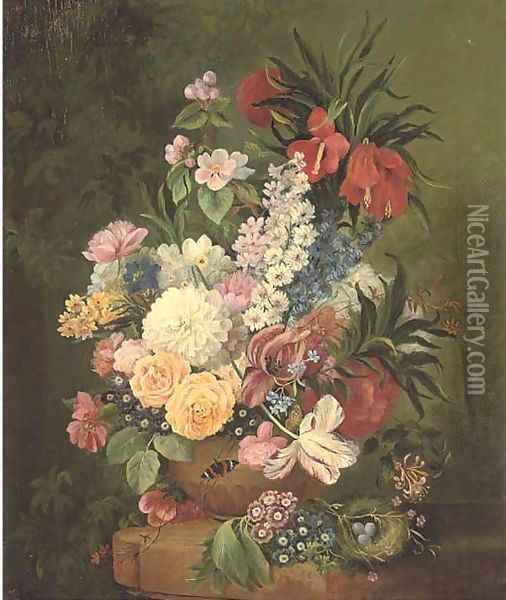 Roses, parrot tulips, lillies, narcissi, morning glory and other flowers in a vase on a stone ledge, with a birds nest Oil Painting - Jan Van Huysum