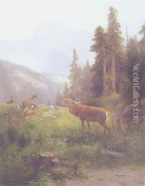 Hirschbrunft In Der Ramsau Bei Berchtesgaden Oil Painting - Ludwig Skell