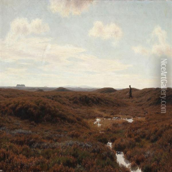 Danish Moorland View With A Hunter Oil Painting - Henrik Gamst Jespersen
