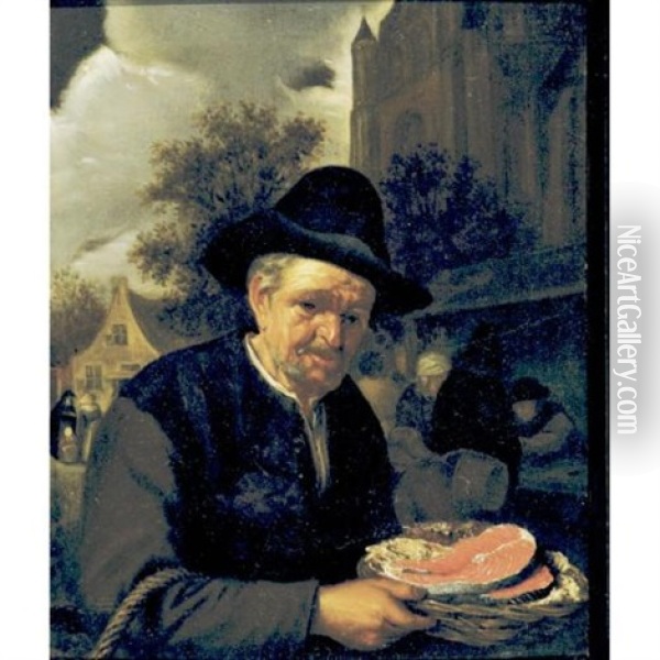 A Peasant Holding A Basket Of Fish In A Market Oil Painting - Adriaen Jansz van Ostade