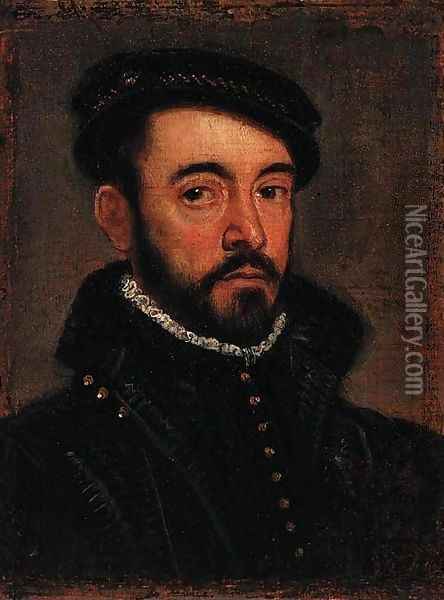 Portrait of a gentleman, bust-length, in a black cap and doublet Oil Painting - Giovanni Battista Moroni