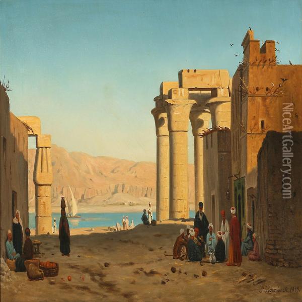 Temples On The Bank Of The Nile, Luxor, Egypt Oil Painting - Peter Kornbeck