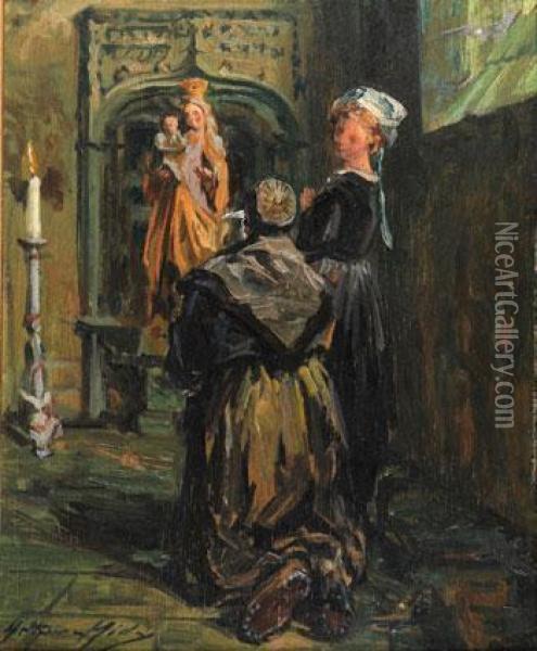 Interieur De L'eglise St Fiacre Au Faouet, 2 Bretonnes En Priere Oil Painting - Arthur Midy