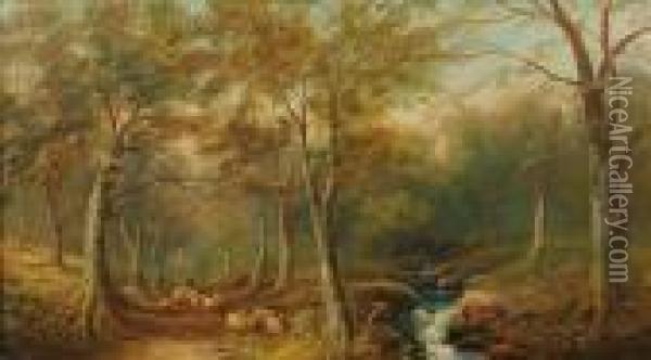 Figure Driving Sheepon A Woodland Path Oil Painting - Henry Harris