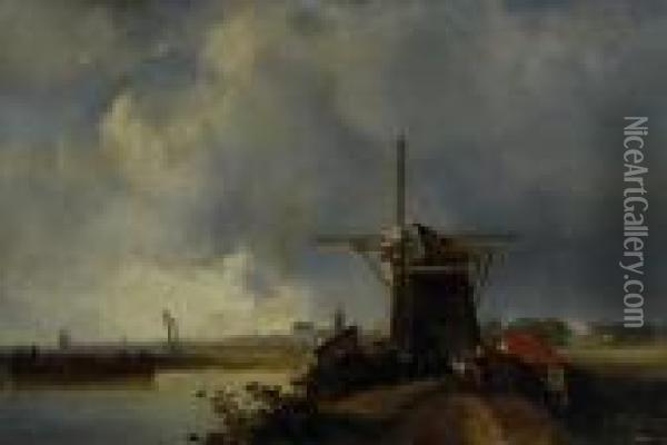 River Landscape With Windmill, Barge And Distant Town Oil Painting - Charles Henri Leickert