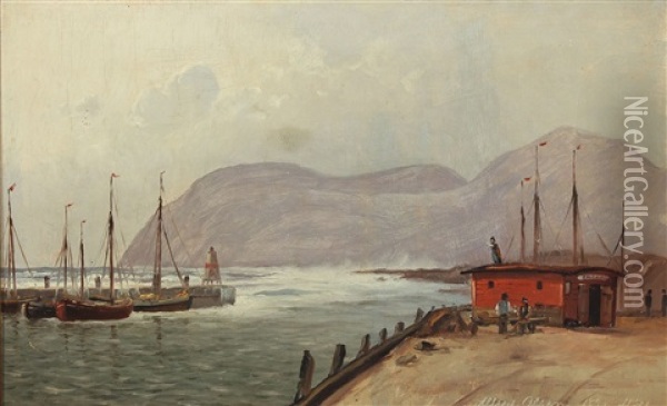 Coastal Scenery From Kullen With Ships At A Pier Oil Painting - Alfred Olsen