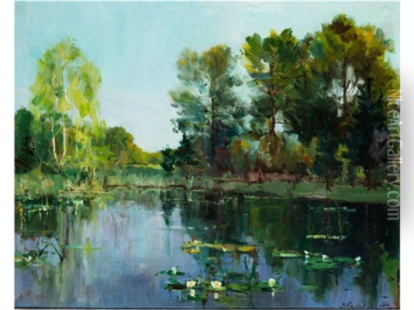 Sommerlandschaft Mit Seerosenteich Oil Painting - Georgi Alexandrovich Lapchine