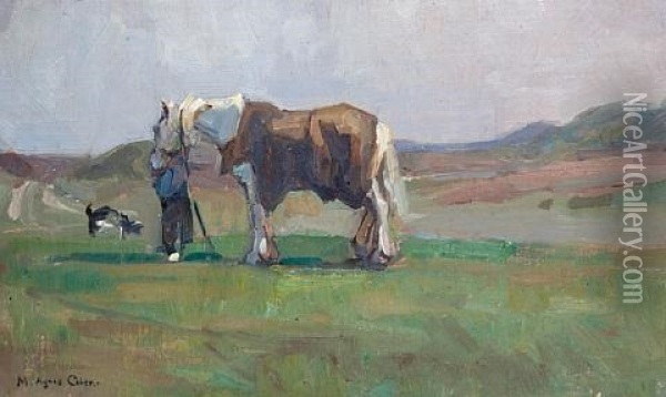 Figure And Horse In An Open Landscape Oil Painting - Minnie Agnes Cohen