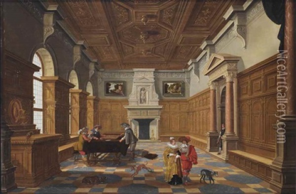 A Palace Interior With An Elegant Company Playing Backgammon Oil Painting - Bartholomeus Van Bassen