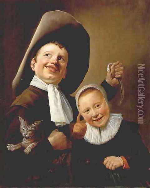 A Boy and a Girl with a Cat and an Eel Oil Painting - Judith Leyster
