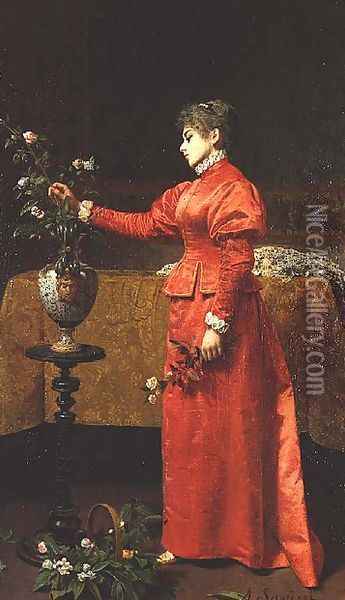 Woman arranging a vase of flowers Oil Painting - Alfonso Savini