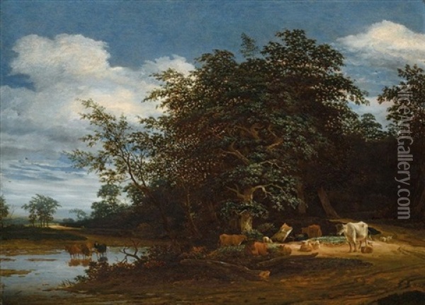 An Extensive Wooded River Landscape With Cattle And Sheep Oil Painting - Jacob Salomonsz van Ruysdael