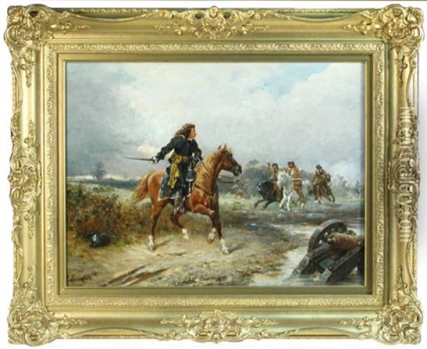 A Cavalier On A Chestnut Horse Being Ambushed By Roundheads Oil Painting - Robert Alexander Hillingford