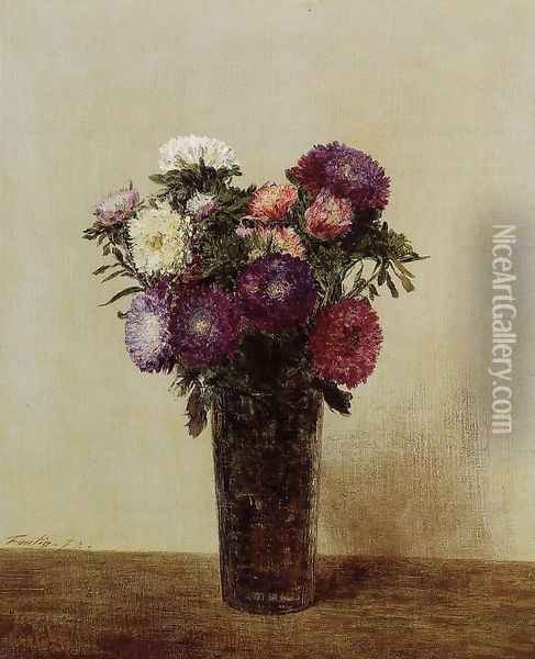 Vase of Flowers: Queens Daisies Oil Painting - Ignace Henri Jean Fantin-Latour
