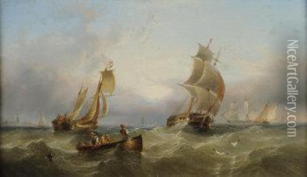Dutch Fishing Boats And Other Shipping Off The Coast Oil Painting - Henry Redmore