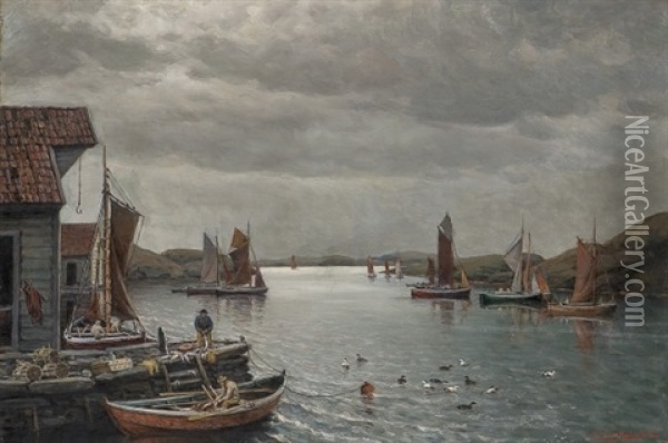 Fiskehavn Oil Painting - Lauritz Haaland