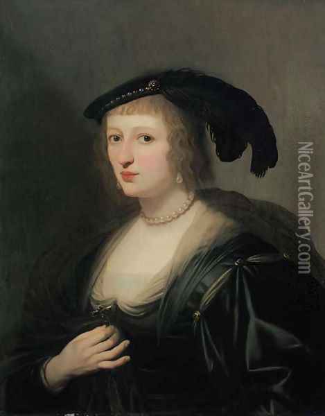 Portrait of Ursula van Solms, half-length, in a black dress and feathered hat, her crucifix in her right hand Oil Painting - Gerrit Van Honthorst