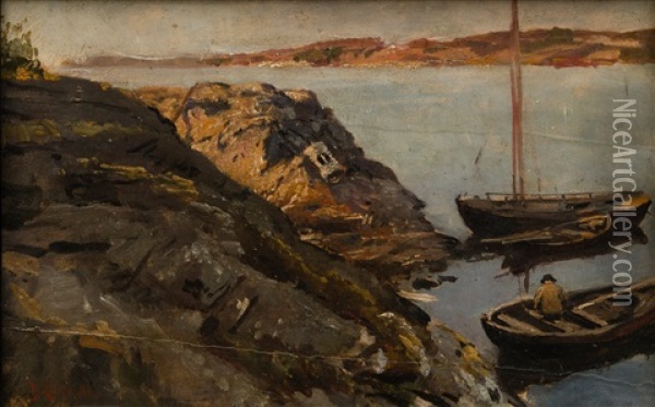 Small Boats At The Shore Oil Painting - Berndt Adolf Lindholm