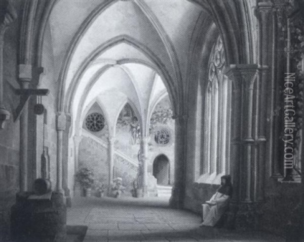 A Gothic Cloister Oil Painting - Josef Hoeger