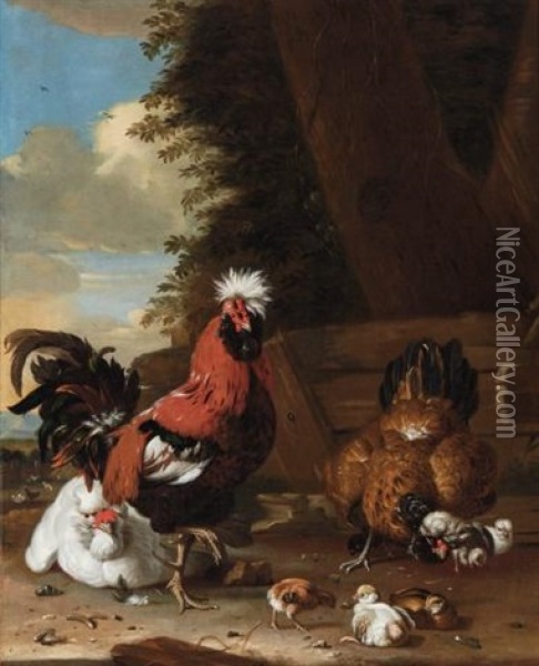 A Bantam Cockerel With Hens And Chicks In A Farmyard Oil Painting - Melchior de Hondecoeter