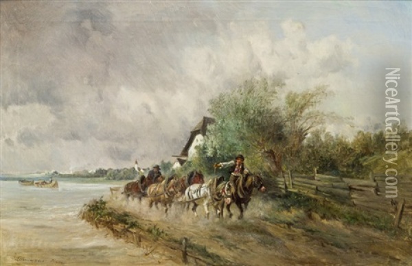 Treidelpferde Am Flussufer Oil Painting - Ignaz Ellminger