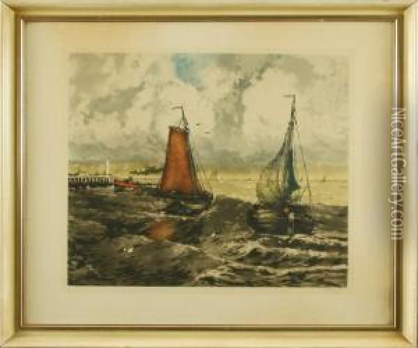 Franzosische Fischerboote Beimauslaufen Aus Dem Hafen Oil Painting - Ferdinand Jean Luigini