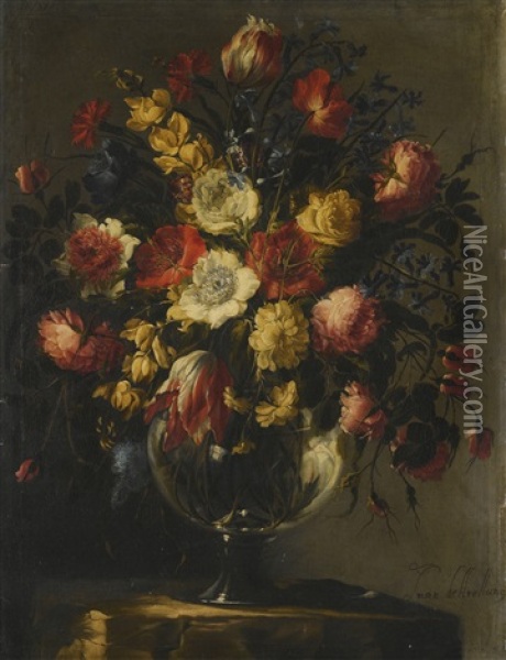 Still Life With A Large Array Of Flowers In A Glass Vase On A Stone Pedestal Oil Painting - Juan De Arellano