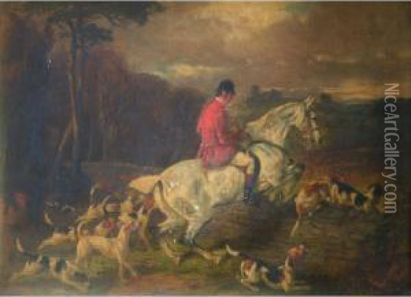 Huntsman And Hounds Jumping A Dry Stone Wall Oil Painting - Of John Alfred Wheeler